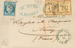 France, Alsace-Lorraine. COVERYv 5a(2), 60A. 1871. 10 Cts Brown Orange LEMON YELLOW BACKGROUND, Two Stamps And 25 Blue C - Other & Unclassified