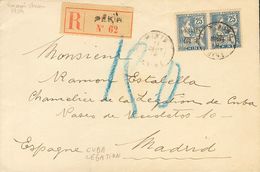 China, French Post Offices. COVERYv 79(2). 1919. 10 Cts On 25 Cts Blue, Two Stamps. Registered From PEKIN To MADRID. Pos - Otros & Sin Clasificación