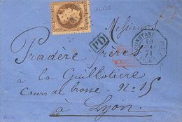 French Levant. COVER31. 1871. France Stamp Of 40 Cts Orange (darkened Color). Addressed To LYON (FRANCE). Postmark ANCHO - Altri & Non Classificati