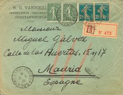 French Levant. COVERYv Francia 190(2), 130(2). 1920. 25 Cts Blue, Two Stamps And 15 Cts Gray Green, Two Stamps, Both Fro - Autres & Non Classés