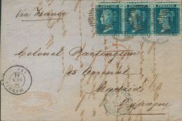 Great Britain. COVERYv 27(3). 1861. 2 P Blue Plate 9, Three Stamps. LONDON To MADRID. On The Front Unusual Postmark INDO - ...-1840 Voorlopers
