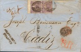 Great Britain. COVER29. 1867. 6 P Violet, Two Stamps (Plate 5). LONDON To CADIZ. On The Front Marks INSUFFICIENTLY / STA - ...-1840 Prephilately