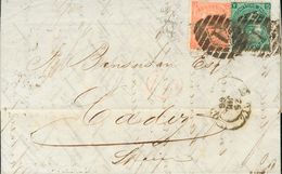 Great Britain. COVERYv 31, 32. 1865. 1 Sh Dark Green And 4 P Red Plate 8. LONDON To CADIZ. Grid Numeral Cancel 1 And On  - ...-1840 Préphilatélie