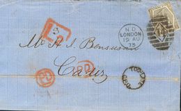 Great Britain. COVERYv 48. 1873. 6 P Olive Plate 12. LONDON To CADIZ. Duplex Cancel LONDON / 14, On Front Red Mark TOO-L - ...-1840 Precursores