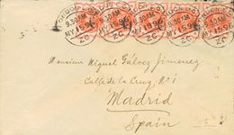 Great Britain. COVERYv 91(5). 1896. ½ P Orange, Five Stamps (one Stamp With Origin Defect). LONDON To MADRID. On The Bac - ...-1840 Prephilately