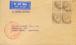 Great Britain. COVERYv 152(4). 1934. 1 S Bistre, Block Of Four. Airmail From LONDON To BUENOS AIRES (ARGENTINA), Circula - ...-1840 Precursores