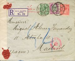 Malta. COVERYv 43, 44, 22. 1915. ½ P Green, 1 P Red And 3 P Lilac And Gray (Edward VII). Registered From LA VALETA To MA - Malta