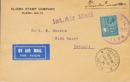 Malta. COVERYv 122. 1931. 2½ P Blue. SLIEMA To TRIPOLI (LIBYA). Postmark AIR MAIL / MALTA, In Violet And On The Front, M - Malte