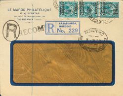 British Marocco. COVERYv 9(3). 1928. 1 F On 10 P Green Blue, Strip Of Three. Registered From CASABLANCA To MADRID. Postm - Altri & Non Classificati