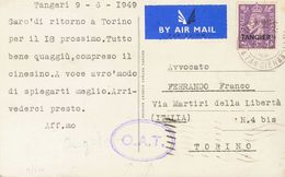 British Marocco. COVERYv . 1949. 3 P Violet. Postcard From TANGER To TURIN (ITALY). On The Front Mark O.A.T. (Onward Air - Altri & Non Classificati