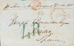 New Brunswick. COVER. 1857. CALAIS (NEW BRUNSWICK) To CADIZ. Postmark ST. STEPHENS N.B. / PAID, Transit LONDON / PAID, I - Other & Unclassified