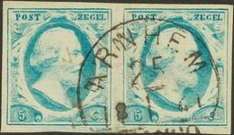 Holanda. ºYv 1(2). 1852. 5 Cent Blue (Plate IV, Position 18-19), Pair. Cancelled With ARNHEM Small (Ey 50). VERY FINE. ( - ...-1852 Voorlopers