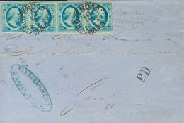 Holanda. SOBREYv 1(4). 1859. 5 Cent Blue (Plate III, Position 32-35), Strip Of Four. ROZENDAAL To GENT (BELGIUM) (part O - ...-1852 Precursori