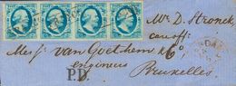 Holanda. SOBREYv 1(4). 1864. 5 Cent Blue (Plate VI, Position 56-59) Strip Of Four. ROTTERDAM To BRUSSELS (BELGIUM), The  - ...-1852 Prephilately