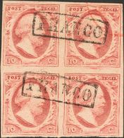 Holanda. ºYv 2(4). 1852. 10 Cent Red (Plate X, Position 66-67 And 71-72) On Thick Paper, Block Of Four (horizontal Fold  - ...-1852 Préphilatélie