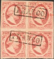 Holanda. ºYv 2(4). 1852. 10 Cent Red (Plate X, Position 66-67 And 71-72) On Thick Paper, Block Of Four (horizontal Fold  - ...-1852 Voorlopers