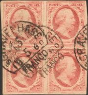 Holanda. ºYv 2(4). 1852. 10 Cent Red (Plate V, Position 19-20 And 24-25), Block Of Four (seal Bottom Right Short But Not - ...-1852 Voorlopers