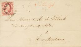 Holanda. SOBREYv 2. 1852. 10 Cent Carmine (Plate I, Position 24). HARLINGEN To AMSTERDAM. Cancelled HARLINGEN Datestamp  - ...-1852 Prephilately