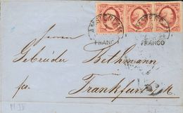 Holanda. SOBREYv 2(3). 1858. 10 Cent Red (Plate IV), Pair (one Stamp Short Margin) And One Stamp. AMSTERDAM To FRANKFURT - ...-1852 Vorläufer