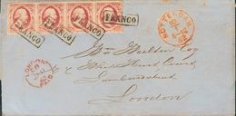 Holanda. SOBREYv . 1862. 10 Cent Red Carmine (Plate VII, Position 21-24), Strip Of Four. ROTTERDAM To LONDON (GREAT BRIT - ...-1852 Prephilately