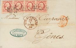 Holanda. SOBREYv . 1864. 10 Cent Red (Plate X, Position 56-59) On Thick Paper, Strip Of Four (one Stamp Short Margin). T - ...-1852 Precursores
