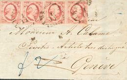 Holanda. SOBREYv . 1853. 10 Cent Carmine Red (Plate II, Position 26-29), Strip Of Four (one Stamp File Fold). AMSTERDAM  - ...-1852 Prephilately