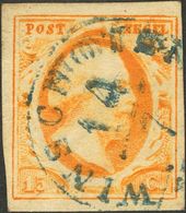 Holanda. ºYv 3. 1852. 15 Cent Dark Orange. WINSCHOTEN Datestamp Type A In Blue (Ey 400). VERY FINE AND RARE. -- Netherla - ...-1852 Prephilately