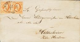 Holanda. SOBREYv 3(2). 1855. 15 Cent Dark Orange (Position 23-24), Pair. DORDRECHT A HILDESHEIM (HANNOVER). Cancelled Wi - ...-1852 Prephilately