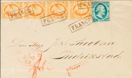 Holanda. SOBREYv . 1862. 5 Cent Blue (Plate V) And 15 Cent Orange, Strip Of Four (short Margins). HARLINGEN To FREDERICK - ...-1852 Prephilately