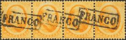 Holanda. ºYv 4/6(5). 1864. Complete Set In Strips Of Four. Framed FRANCO Cancel . VERY FINE AND RARE. (NVPH 4/6, 1375 Eu - ...-1852 Prephilately