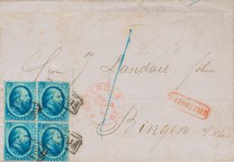 Holanda. SOBREYv 4(4). 1865. 5 Cent Blue, Block Of Four (vertical Fold Of File On Two Stamps). AMSTERDAM To BINGEN (HESS - ...-1852 Prephilately