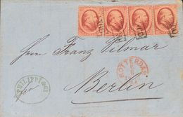 Holanda. SOBREYv 5(3). 1865. 10 Cent Red, Stamp And Strip Of Three. ROTTERDAM To BERLIN (GERMANY). Cancelled With Framed - ...-1852 Préphilatélie
