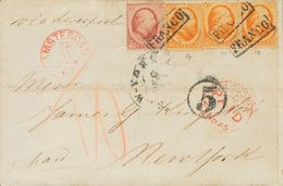 Holanda. SOBREYv . 1865. 10 Cent Red And 15 Cent Orange, Three Stamps. AMSTERDAM To NEW YORK (U.S.A.), Addressed Via Lon - ...-1852 Prephilately