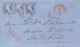 Holanda. SOBREYv . 1868. 5 Cent  Blue (Type II, Perforation 12¾ X 11¾), Three Stamps. HAARLEM To MELIN GRIFFITH (SOUTH W - ...-1852 Precursores