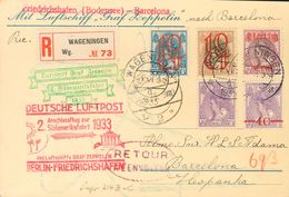 Netherlands. COVERYv 94, 98, 115, 117. 1933. Different Values. Postcard By Graf Zeppelin From WAGENINGEN To BARCELONA. O - ...-1852 Prephilately