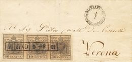 Lombardy-Venetia. COVER2A. 1851. 10 Cts Brown, Strip Of Three (one Stamp Vertical File Fold). MILAN To VERONA. Boxed Pos - Lombardo-Venetien