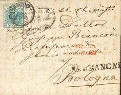 Lombardy-Venetia. COVER5. 1854. 45 Cts Blue. MILAN To BOLOGNA (disinfection Cuts). Cds MILANO And Oval Posmark, Both In  - Lombardo-Venetien