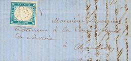 Sardinia. COVER12b. 1857. 20 Cts Milky Blue. MOUTIERS To CHAMBERY. Postmark NOUTIERS. VERY FINE. -- Cerdeña. SOBRE 12b.  - Sardegna