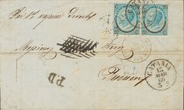 Italy. COVERYv 22a(2). 1866. 20 Cts On 15 Cts Blue (Type II), Pair. CATANIA To ROUEN (FRANCE). Postmark CATANIA And Fren - Unclassified