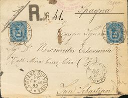 Italy. COVERYv 36(2). 1892. 25 Cts Dark Blue, Two Stamps. Registered From SAN STEFANO QUISQUINA To SAN SEBASTIAN. On The - Sin Clasificación