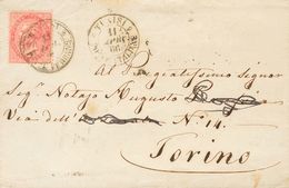 Tunisia, Italian Post Offices. COVERYv Italia 19. 1866. 40 Cts Pink (London Shot). TUNIS To TURIN. Postmark TUNISIE / PO - Tunisia (1956-...)