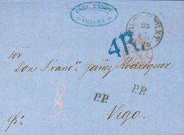 Norway. COVER. 1861. BERGEN To VIGO (SPAIN), Addresed Via France. Spanish Rate "4 R" (reales), In Blue. VERY FINE AND UN - Otros & Sin Clasificación