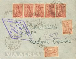 Angola. COVERYv 244(2), 249(5). 1947. 50 Ctvos Chestnut, Four Stamps (two On The Back) And 1 A Lilac, Strip Of Five. Air - Angola