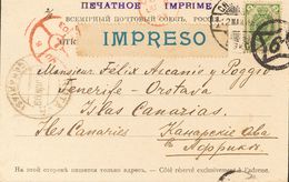 Russia. COVERYv 39. 1903. 2 K Yellow Green. Postcard From SAINT PETERSBURG To LA OROTAVA (CANARY ISLANDS), Addresed Via  - Otros & Sin Clasificación