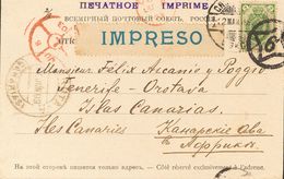 Russia. COVERYv 39. 1903. 2 K Yellow Green. Postcard From SAINT PETERSBURG To LA OROTAVA (CANARY ISLANDS), Addresed Via  - Sonstige & Ohne Zuordnung