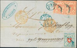 Switzerland. COVERYv 14, 23(2). 1854. 5 R Blue And Red (Rayon I) And 15 R Red (Type II), Pair (one Stamp Short Margin).  - Autres & Non Classés