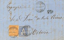Switzerland. COVERYv 37, 46. 1868. 20 Cts Orange And 30 Cts Ultramarine. FRIBURGO To VITORIA (SPAIN). Date Stamp FRIBOUR - Otros & Sin Clasificación