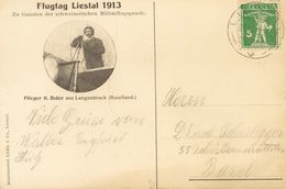 Switzerland, Airmail. COVERYv 130. 1913. 5 Cts Green . Postcard Of The 1st Flight From LIESTAL To BASEL. VERY FINE AND R - Other & Unclassified