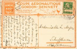 Switzerland. COVERYv 161. 1922. 10 Cts Green. Postcard COUPE AERONAUTIQUE GORDON BENNETT From VEVEY To SCHAFFHAUSEN. VER - Other & Unclassified