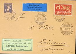 Switzerland, Airmail. COVERYv . 1926. 15 Cts Red, Olive And Carmine And 5 Cts Lilac. Airmail From LEYSIN To LAUSANA. Spe - Other & Unclassified